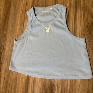 PLAYBOY Pastel Blue Ribbed Crop Tank with Bunny Logo
